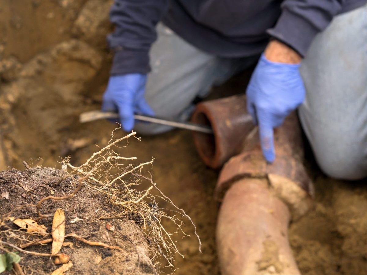 Closeup of worker's hand pointing to area of sewer line that has been invaded by tree roots. He is in the process of digging out tree roots and replacing the sold clay ceramic sewer line with a cleanout.